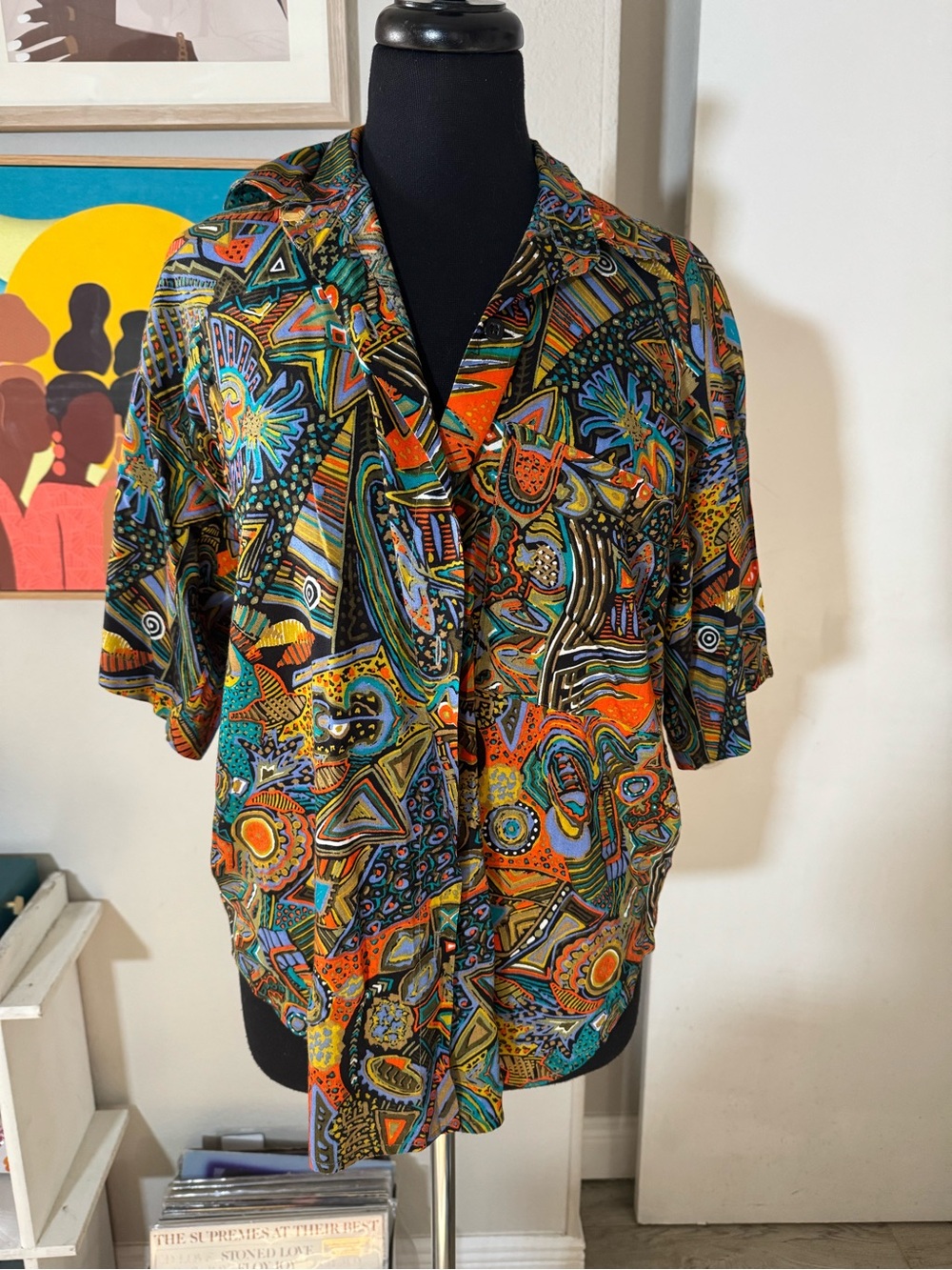 Vintage Vibrant Abstract Patterned Button-Up Shirt - Multicolor